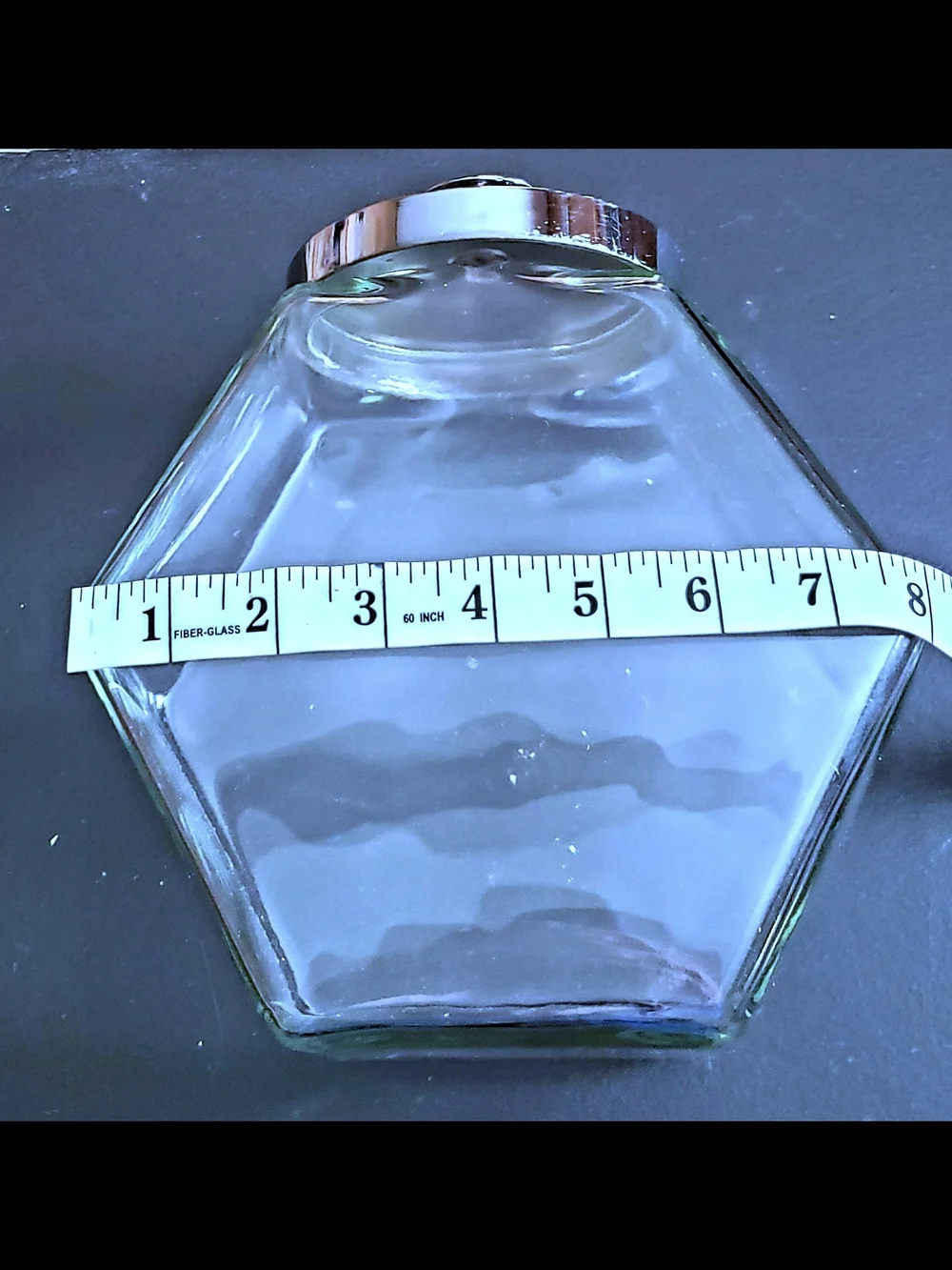 Vintage 1970's Glass Hexagon Decorative Jar with Silver Lid - Clear